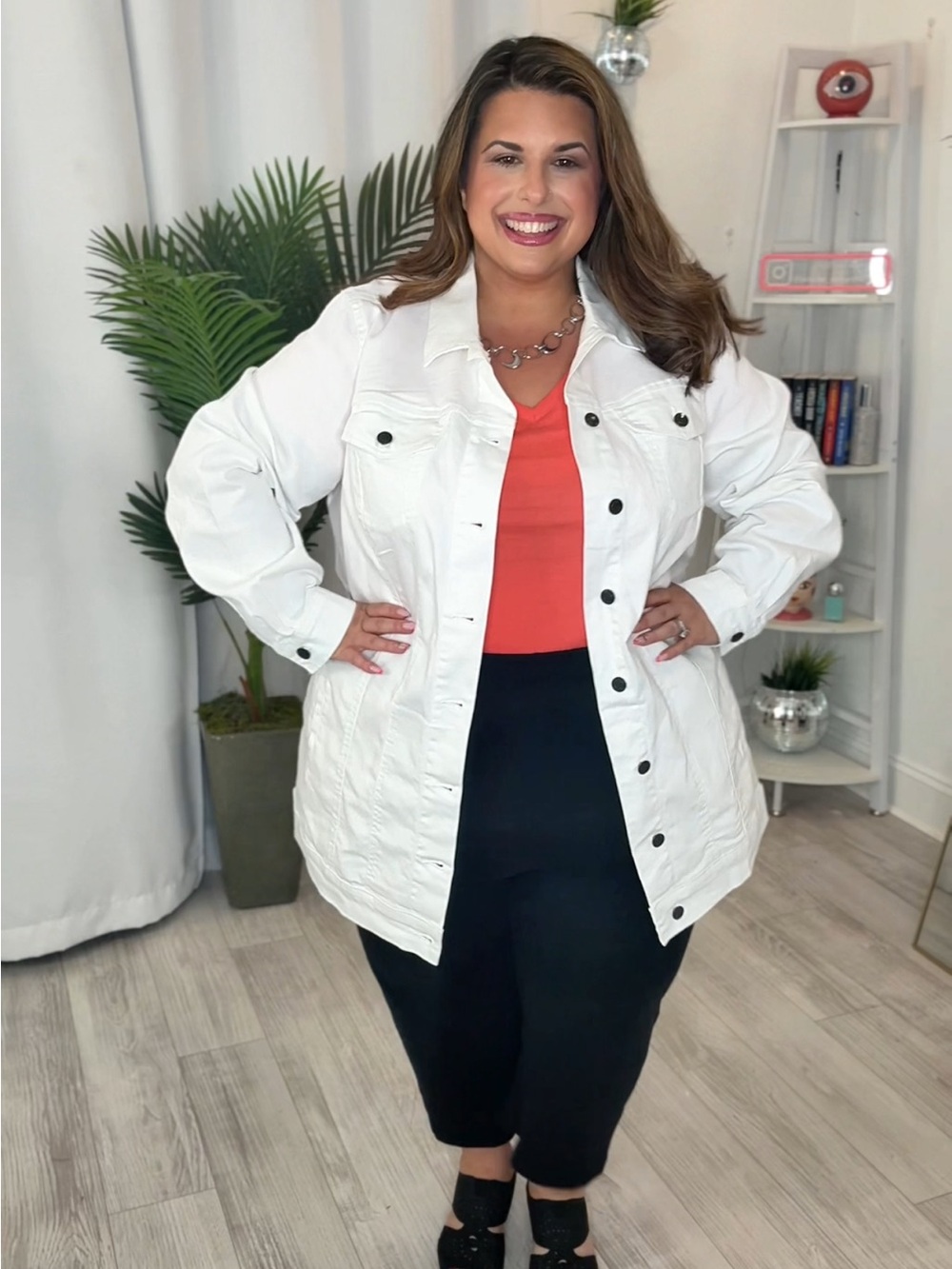 Plus White Denim Jacket with Button-Front Detail